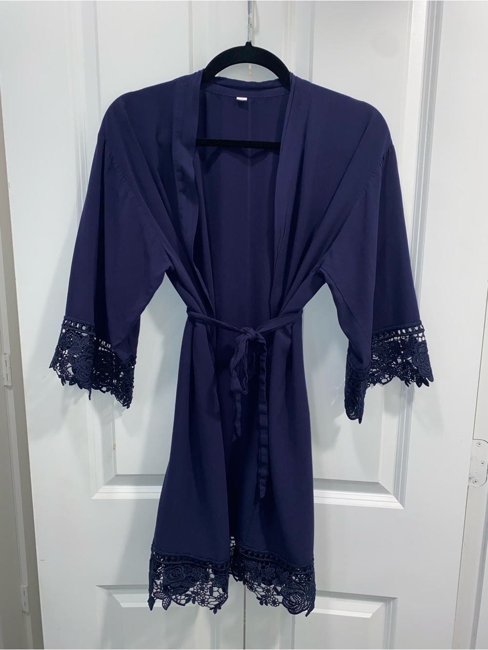 Women's Navy Lace-Trim Satin Robe with Belt